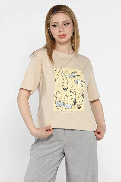 TOZLU Tricou de damă cu decolteu rotund, imprimat și brodat cu pietre