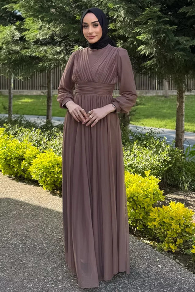 TOZLU Women's Pleated Waist Belt Detailed Tulle Hijab Evening Dress