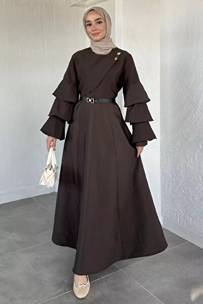 TOZLU Gold Button Detailed Ruffled Belt Accessory Hijab Dress