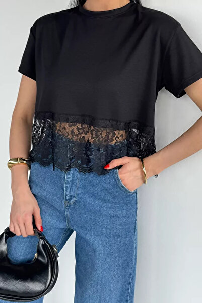 TOZLU Tricou crop top din dantelă pentru femei