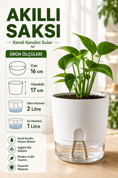 ByKurt Akıllı Saksı Kendinden Sulamalı Fitilli Su Hazneli Dekoratif Model
