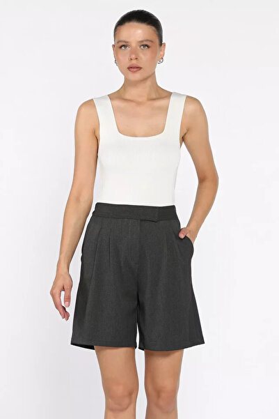 TOZLU Women's Elastic Waist Pleated High Waist Velcro Shorts