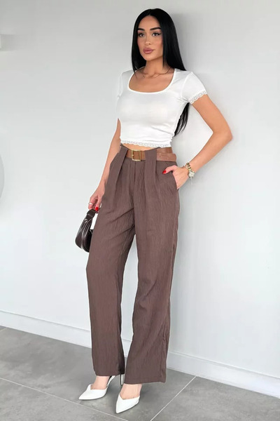 TOZLU Leather Belted Pleated Wide Leg Berussa Trousers