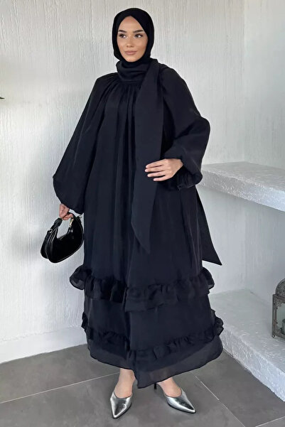 TOZLU Neck Tie Detail, Elastic Sleeves, Ruffled Hijab Dress