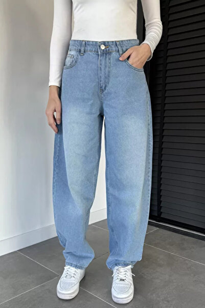 TOZLU Women's High Waist Belt Detailed Loose Fit Jean Denim Trousers