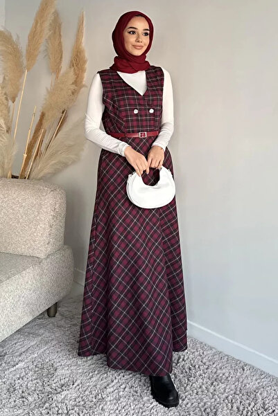 TOZLU Plaid Patterned Belted Hijab Gile Dress
