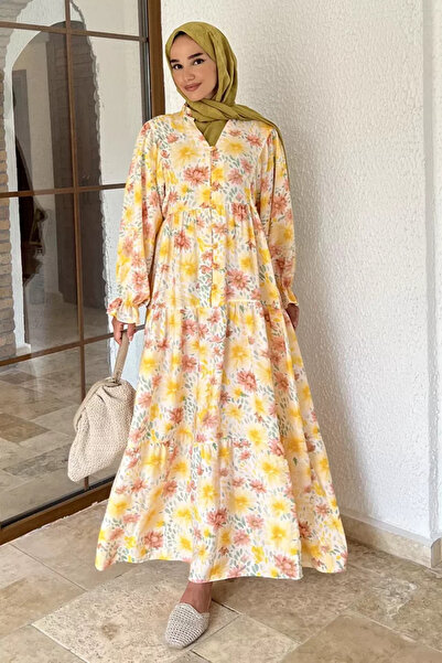 TOZLU Patterned Summer Hijab Dress with Elasticated Sleeves and Front Button ...