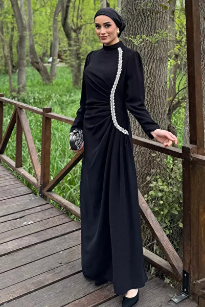 TOZLU Women's Stone Embellished Draped Plus Size Hijab Evening Dress
