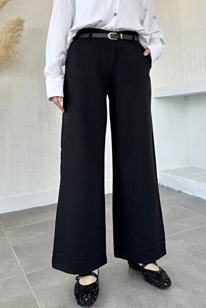 TOZLU Hijab-Friendly Fabric Trousers with Belt Accessories and Fold-Over Leg ...