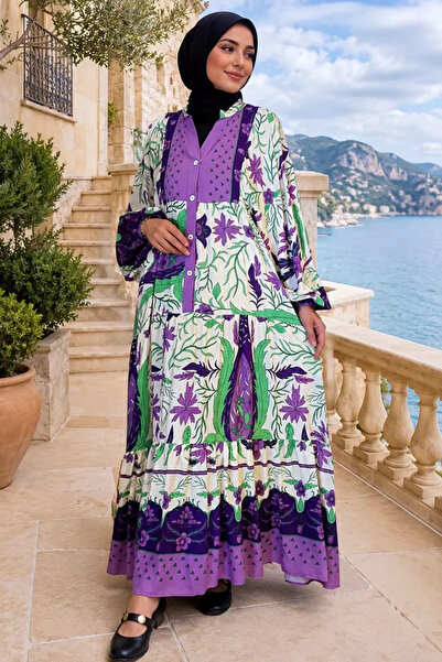 TOZLU Women's Front Button Detailed Patterned Hijab Dress