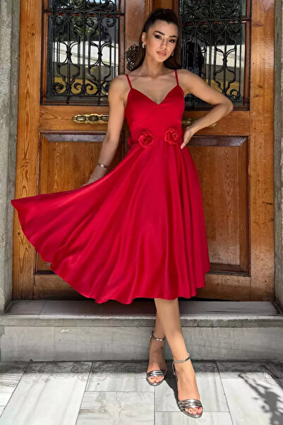 TOZLU Adjustable Strap Satin Evening Dress with Rose Figure