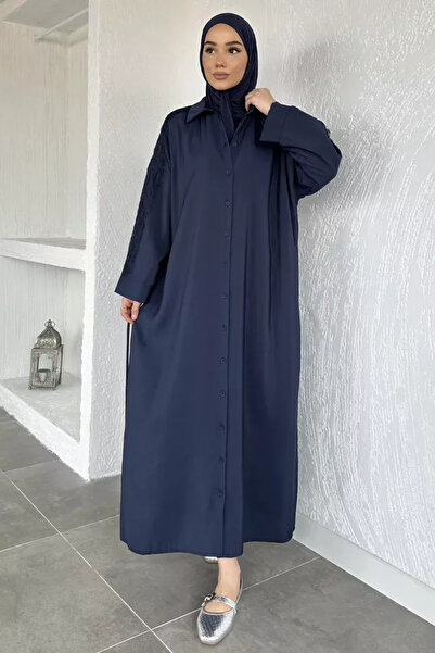 TOZLU Puane Sleeveless Guipure Detailed Full Buttoned Waist Tie Muslim Dress