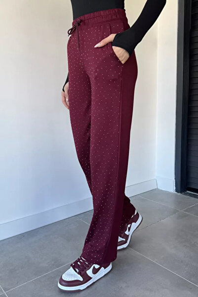 TOZLU Women's High Waist Stone Embroidered Double Pocket Elastic Waist Trousers