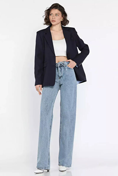 TOZLU Waist-Tie Wide Leg Women's Jean Denim Trousers