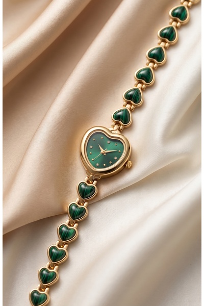 KLISHE Butik Women's Steel Watch Gold & Green Heart Design Vintage Watch Luxu...