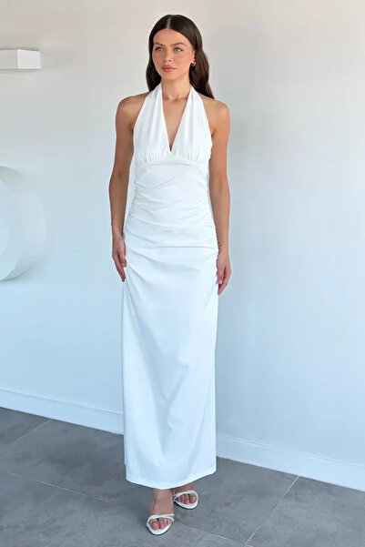 TOZLU Women's Halter Neck Evening Dress with Side Ruching Detail and Slit
