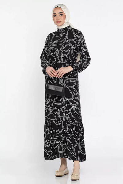 TOZLU Patterned Hijab Viscose Dress with Waist Tie