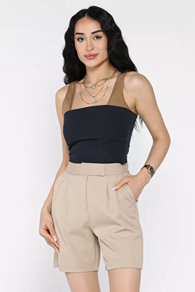 TOZLU Women's Elastic Waist Pleated High Waist Velcro Shorts