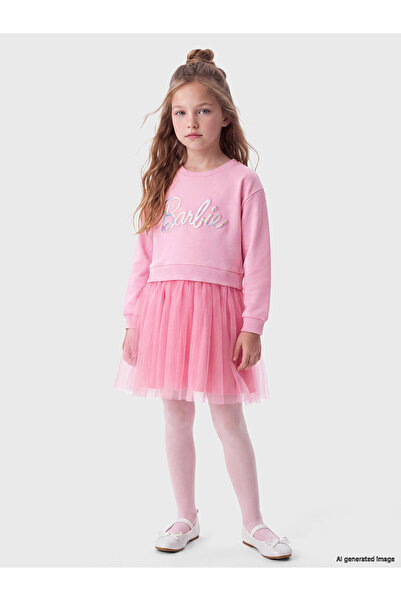LC Waikiki Pink Barbie Printed Girls' Tulle Dress