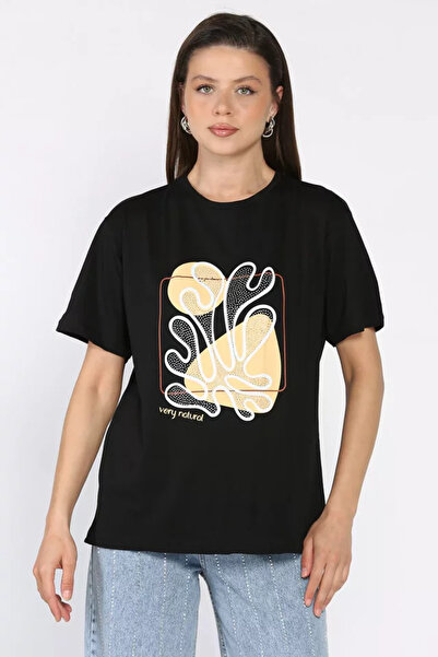 TOZLU Tricou de damă cu imprimeu în formă de piatră și guler tip bicicletă