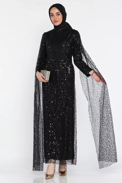 TOZLU Cape-Style Sequin-Embroidered Hijab Evening Dress