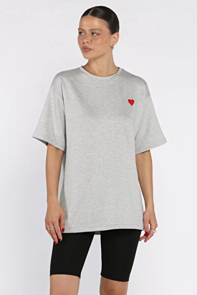 TOZLU Women's Crew Neck Heart Embroidered Casual T-Shirt