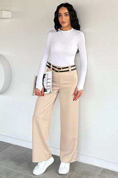 TOZLU Women's Palazzo Trousers with Double Belt Accessories