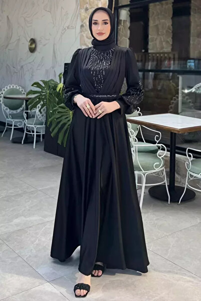 TOZLU Front Detailed Stone Embellished Kiloş Satin Hijab Evening Dress