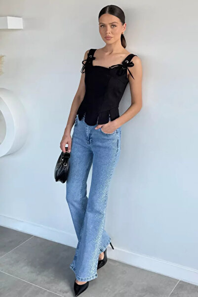TOZLU Pantaloni de damă din denim cu picior larg, stil spaniol, cu aplicații ...
