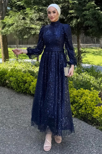 TOZLU Women's Tulle Sequin Bead Embroidered Hijab Evening Dress