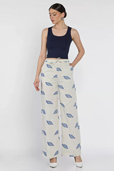 TOZLU Women's Elastic Waist Embroidered High Waist Linen Trousers