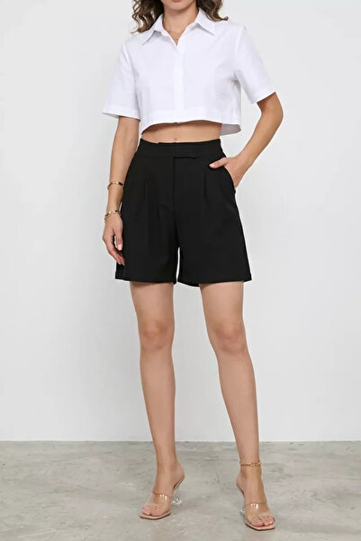 TOZLU Women's Elastic Waist Pleated High Waist Velcro Shorts
