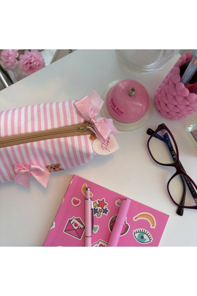 PİNKUE Pembe Çizgili Ayıcık Desenli Fiyonklu Kalemlik – Makyaj Çantası - organizer