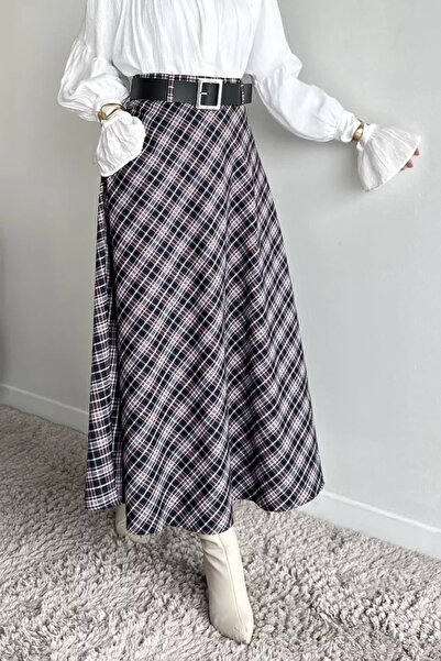 TOZLU Plaid Patterned Hijab Skirt with Belt Accessories