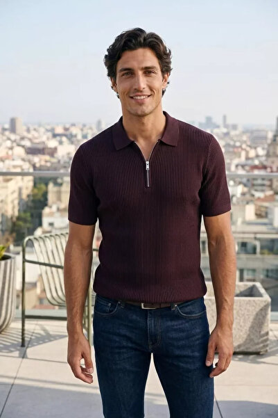 TOZLU Men's Patterned Polo Collar Half-Zip Knitwear T-Shirt