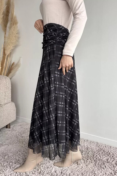 TOZLU Patterned Hijab Skirt with Waist Drawstring Detail