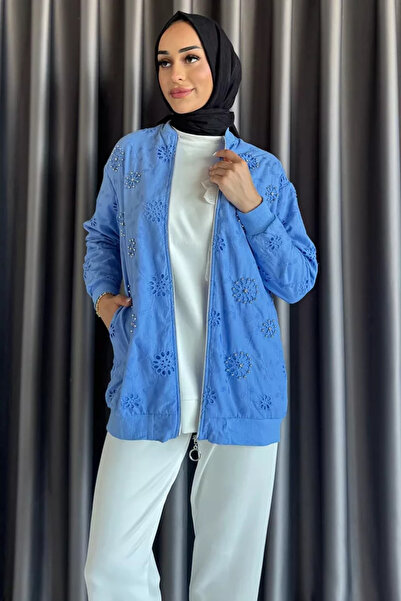 TOZLU Women's Pearl Embroidered Scalloped Hijab Jacket