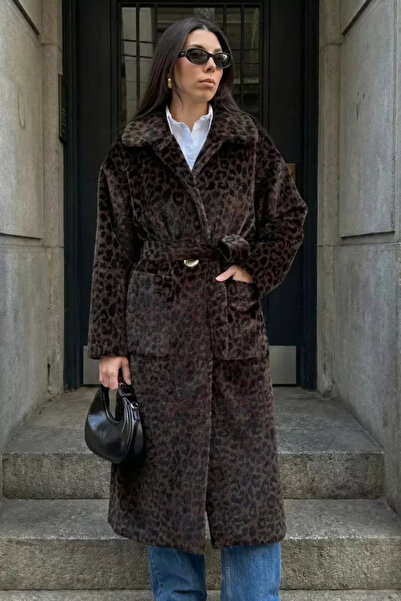 TOZLU Kadın İç Astarlı Kuşaklı Gold Düğme Detaylı Leopar Desen Sakallı Kaban ...