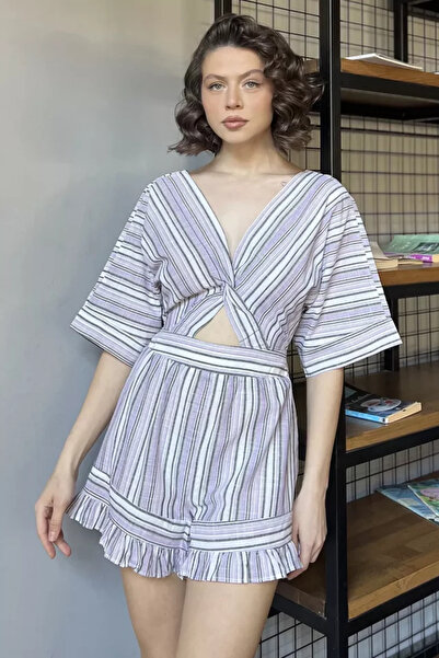 TOZLU Women's Striped Patterned Linen Shorts Jumpsuit