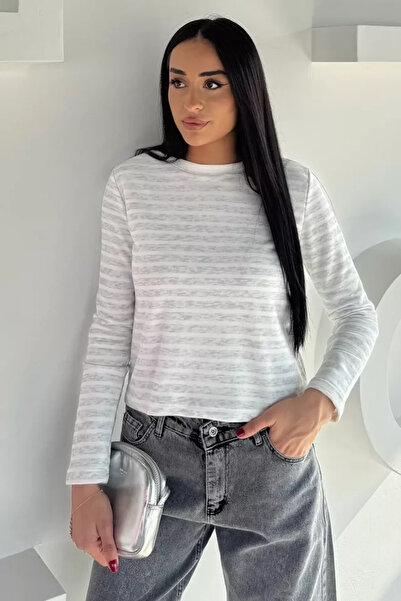 TOZLU Women's Crew Neck Stripe Patterned Sweatshirt