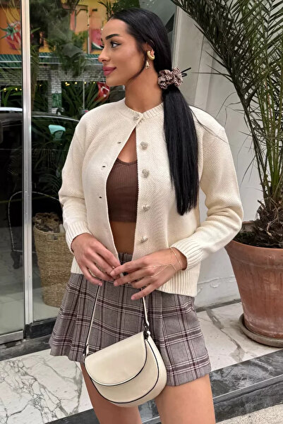 TOZLU Women's Stoned Heart Figured Buttoned Knitwear Cardigan