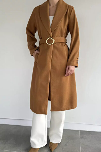TOZLU Women's Waist Belted Gold Buckle Detailed Cashmere Coat