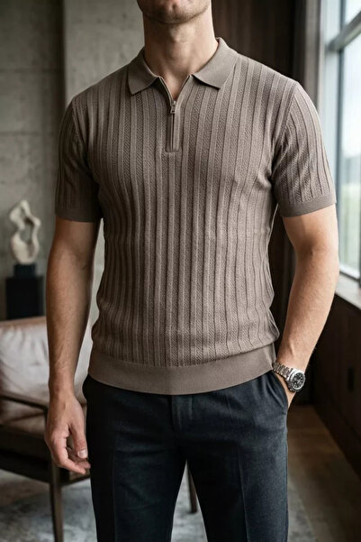 TOZLU Men's Polo Collar Half Zip Knitwear T-Shirt