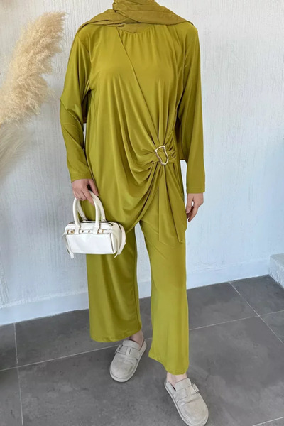 TOZLU Elastic Waist Trousers Gold Buckle Tunic Islamic Clothing Double Set