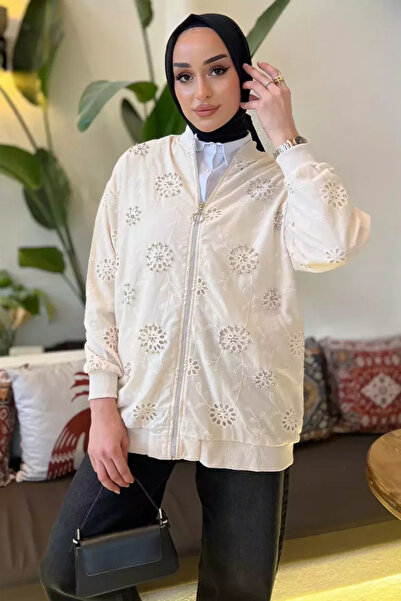 TOZLU Women's Pearl Embroidered Scalloped Hijab Jacket