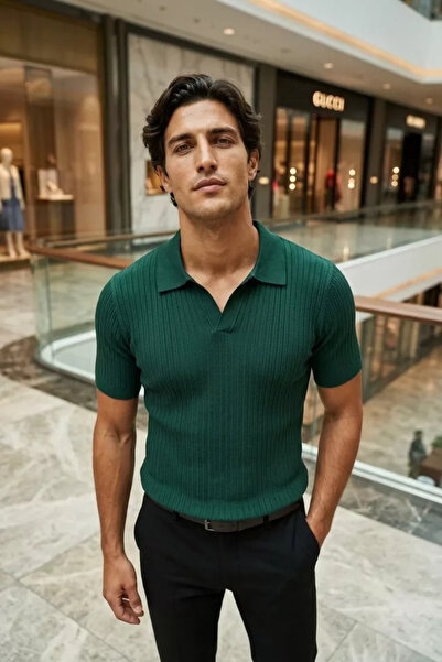 TOZLU Men's Polo Neck Self-Patterned Knitwear T-Shirt