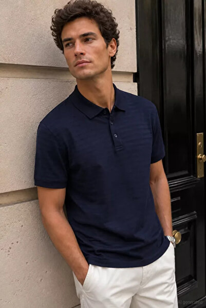 TOZLU Men's Polo Collar Stripe Patterned T-Shirt