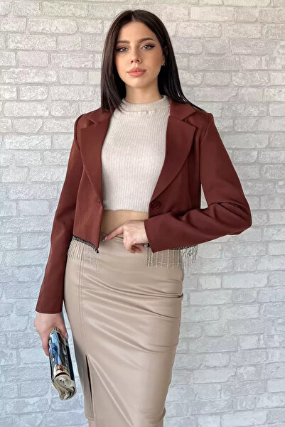 TOZLU Women's Fringed Stone Slim Fit Crop Blazer Jacket
