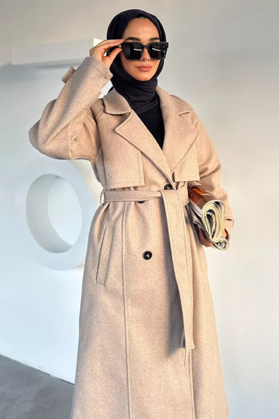 TOZLU Double Pocketed Waist Belt Detailed Hijab Coat