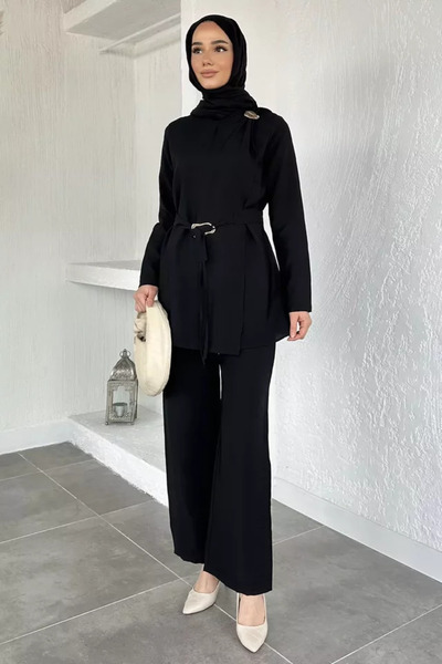TOZLU Gold Accessory Belted Tunic Elastic Waist Pants Islamic Clothing Double...